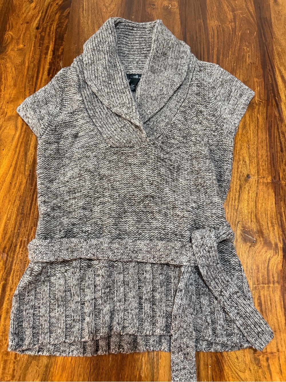 Willi Smith Wool Blend Gray Marled Shawl-Collar Belted Sweater Vest